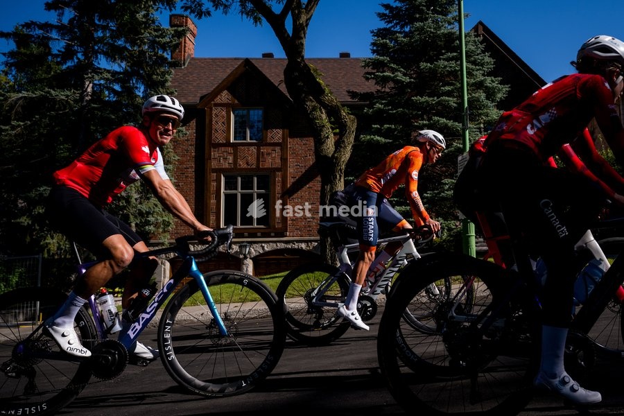 Belgian Greg Van Avermaet and Dutch Mathieu van der Poel pictured in action during a training before the cycling World Championship, in Montreal, Canada, Wednesday 23 September 2026. The UCI road world championships are taking place from 20 to 27 September, in Montreal, Canada