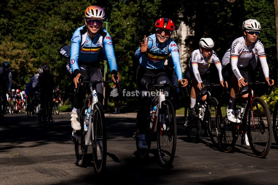 Belgian Febe Jooris and Belgian Fleur Moors pictured in action during a training before the cycling World Championship, in Montreal, Canada, Wednesday 23 September 2026. The UCI road world championships are taking place from 20 to 27 September, in Montreal, Canada