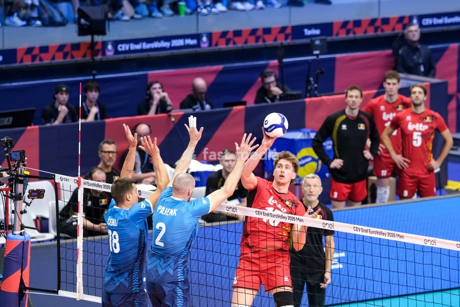 Basil Dermaux of Belgium (R) during the Belgium vs Slovenia match at Quarter Final of the CEV Enel EuroVolley 2026 Men at PalaVela in Turin, Italy, on September 23, 2026. Belgium losts the match against Slovenia with a score 1-3