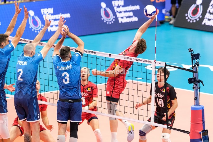 Simon Plaskie of Belgium (R) during the Belgium vs Slovenia match at Quarter Final of the CEV Enel EuroVolley 2026 Men at PalaVela in Turin, Italy, on September 23, 2026. Belgium losts the match against Slovenia with a score 1-3