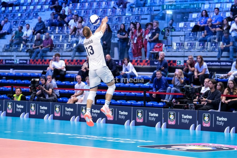 Jani Kovačič of Slovenia during the Belgium vs Slovenia match at Quarter Final of the CEV Enel EuroVolley 2026 Men at PalaVela in Turin, Italy, on September 23, 2026. Belgium losts the match against Slovenia with a score 1-3