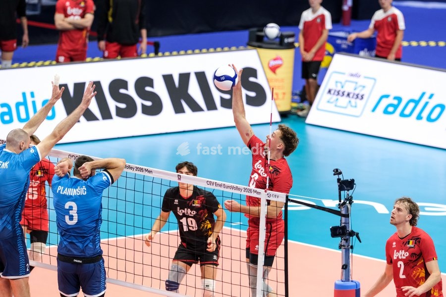 Simon Plaskie of Belgium (R) during the Belgium vs Slovenia match at Quarter Final of the CEV Enel EuroVolley 2026 Men at PalaVela in Turin, Italy, on September 23, 2026. Belgium losts the match against Slovenia with a score 1-3