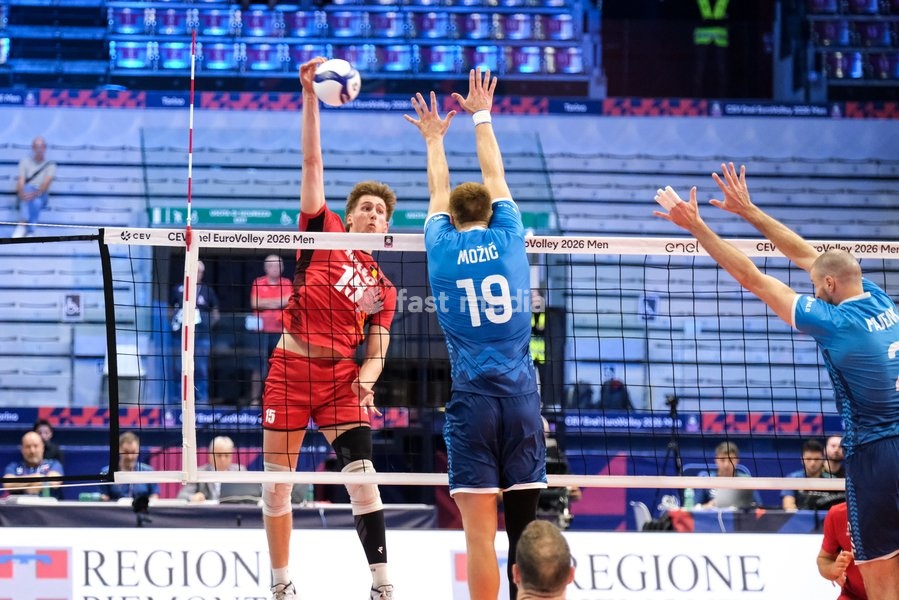 Gorik Lantsoght of Belgium (L) and Rok Možič of Slovenia (R) during the Belgium vs Slovenia match at Quarter Final of the CEV Enel EuroVolley 2026 Men at PalaVela in Turin, Italy, on September 23, 2026. Belgium losts the match against Slovenia with a score 1-3