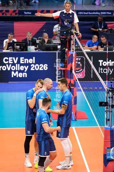 Slovenia players celebrate during the Belgium vs Slovenia match at Quarter Final of the CEV Enel EuroVolley 2026 Men at PalaVela in Turin, Italy, on September 23, 2026. Belgium losts the match against Slovenia with a score 1-3