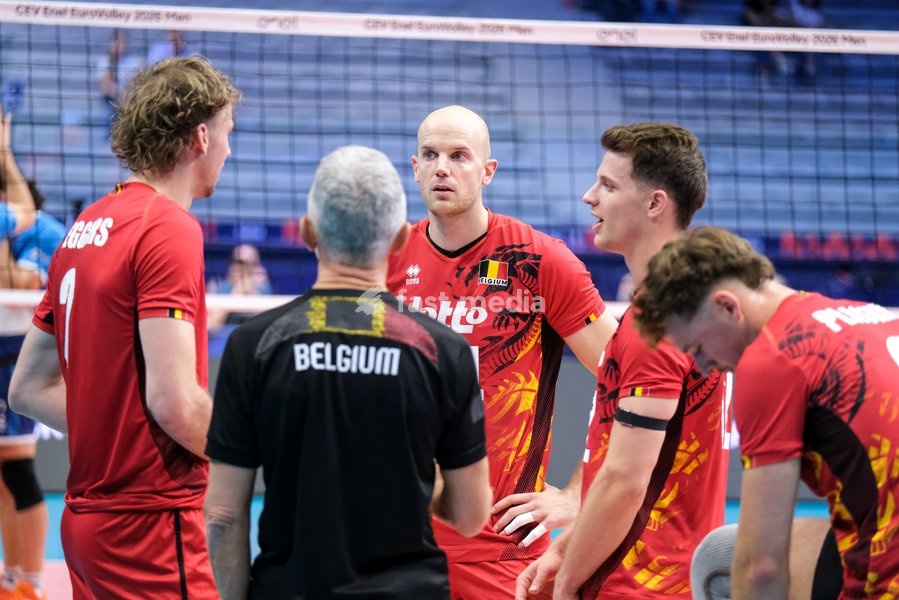 Martin Colson of Belgium (C) during the Belgium vs Slovenia match at Quarter Final of the CEV Enel EuroVolley 2026 Men at PalaVela in Turin, Italy, on September 23, 2026. Belgium losts the match against Slovenia with a score 1-3