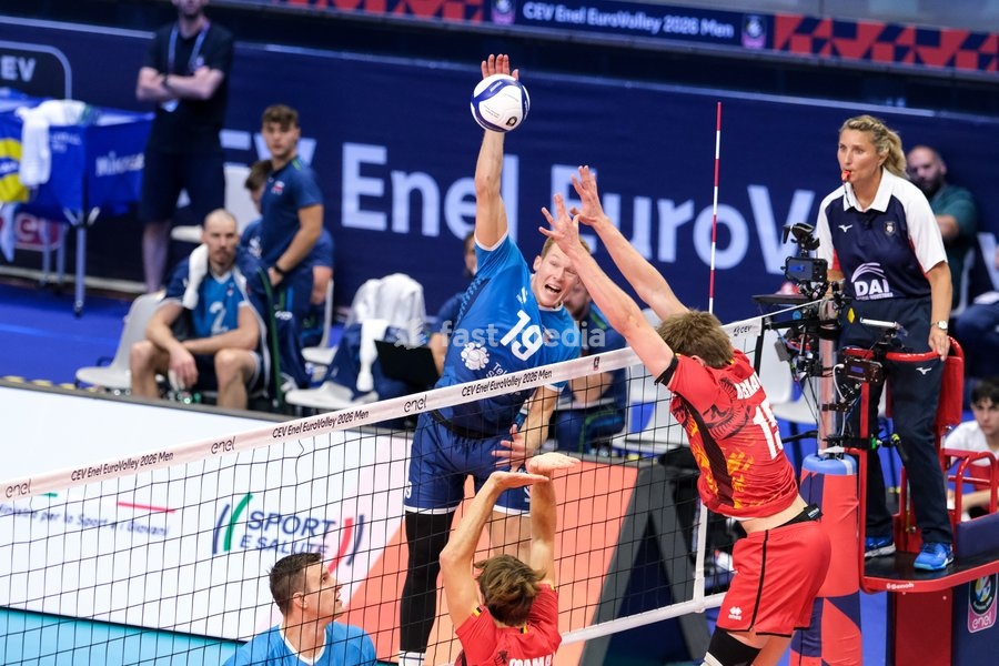Rok Možič of Slovenia (L) and Basil Dermaux of Belgium (R) during the Belgium vs Slovenia match at Quarter Final of the CEV Enel EuroVolley 2026 Men at PalaVela in Turin, Italy, on September 23, 2026. Belgium losts the match against Slovenia with a score 1-3