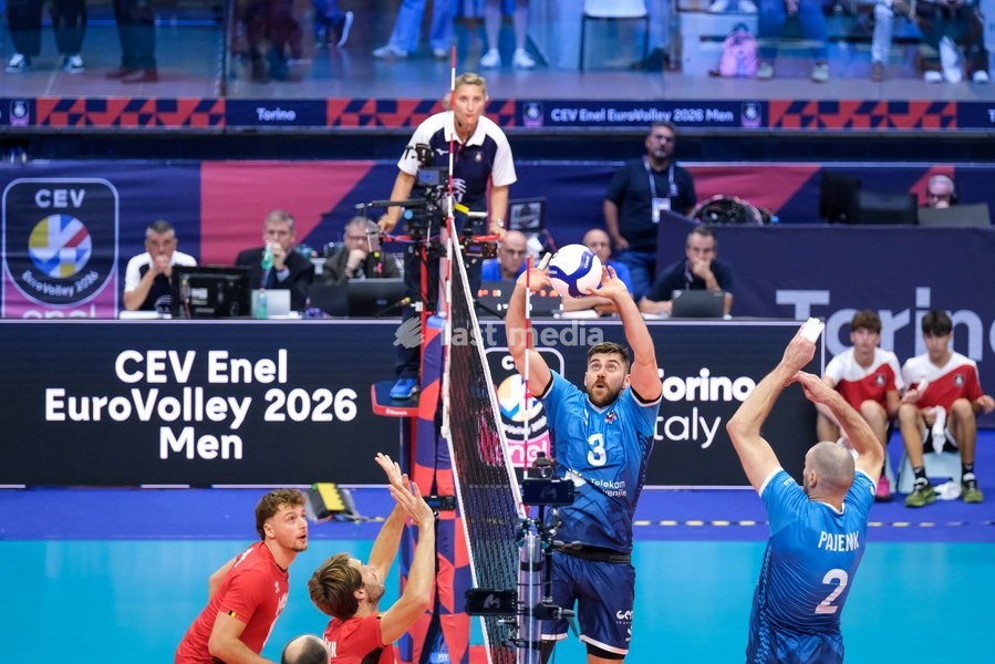 Uroš Planinšič of Slovenia during the Belgium vs Slovenia match at Quarter Final of the CEV Enel EuroVolley 2026 Men at PalaVela in Turin, Italy, on September 23, 2026. Belgium losts the match against Slovenia with a score 1-3