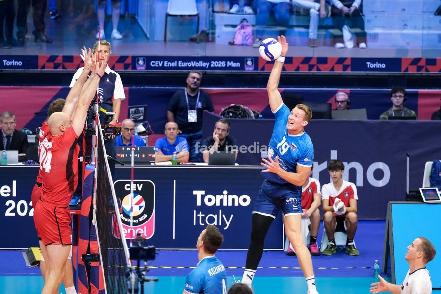 Rok Možič of Slovenia (R) during the Belgium vs Slovenia match at Quarter Final of the CEV Enel EuroVolley 2026 Men at PalaVela in Turin, Italy, on September 23, 2026. Belgium losts the match against Slovenia with a score 1-3