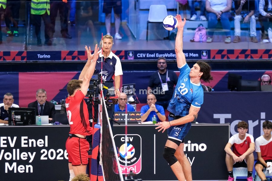 Nik Mujanović of Slovenia (R) during the Belgium vs Slovenia match at Quarter Final of the CEV Enel EuroVolley 2026 Men at PalaVela in Turin, Italy, on September 23, 2026. Belgium losts the match against Slovenia with a score 1-3