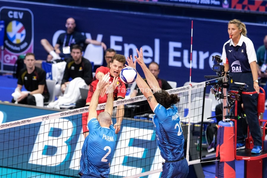 Seppe Rotty of Belgium (L) during the Belgium vs Slovenia match at Quarter Final of the CEV Enel EuroVolley 2026 Men at PalaVela in Turin, Italy, on September 23, 2026. Belgium losts the match against Slovenia with a score 1-3