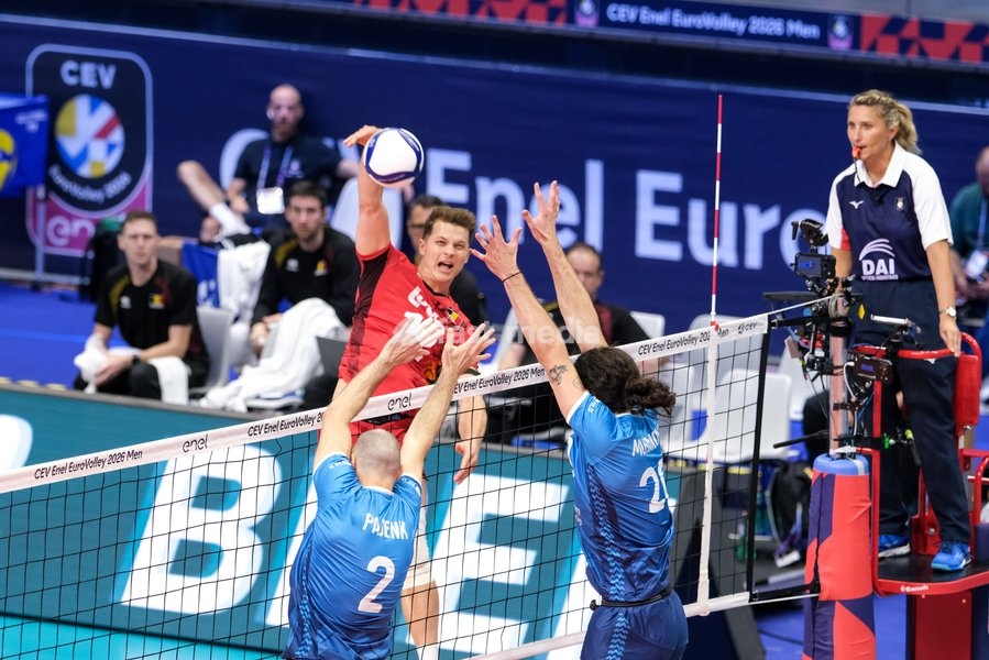 Seppe Rotty of Belgium (L) during the Belgium vs Slovenia match at Quarter Final of the CEV Enel EuroVolley 2026 Men at PalaVela in Turin, Italy, on September 23, 2026. Belgium losts the match against Slovenia with a score 1-3