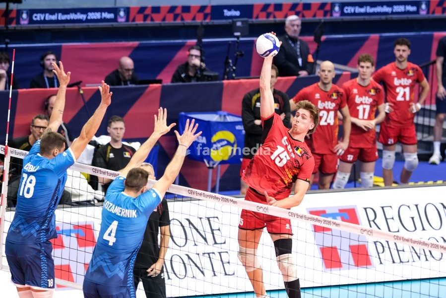 Basil Dermaux of Belgium (R) during the Belgium vs Slovenia match at Quarter Final of the CEV Enel EuroVolley 2026 Men at PalaVela in Turin, Italy, on September 23, 2026. Belgium losts the match against Slovenia with a score 1-3