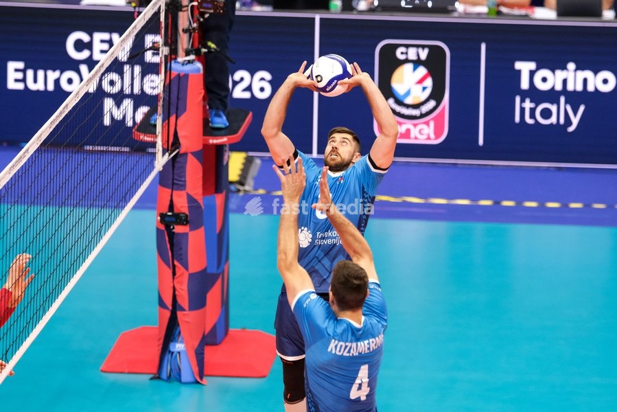 Uroš Planinšič of Slovenia during the Belgium vs Slovenia match at Quarter Final of the CEV Enel EuroVolley 2026 Men at PalaVela in Turin, Italy, on September 23, 2026. Belgium losts the match against Slovenia with a score 1-3