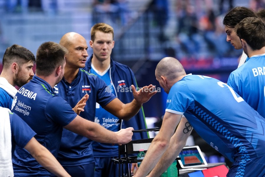 Fabio Soli the Head Coach of Slovenia (C) during the Belgium vs Slovenia match at Quarter Final of the CEV Enel EuroVolley 2026 Men at PalaVela in Turin, Italy, on September 23, 2026. Belgium losts the match against Slovenia with a score 1-3