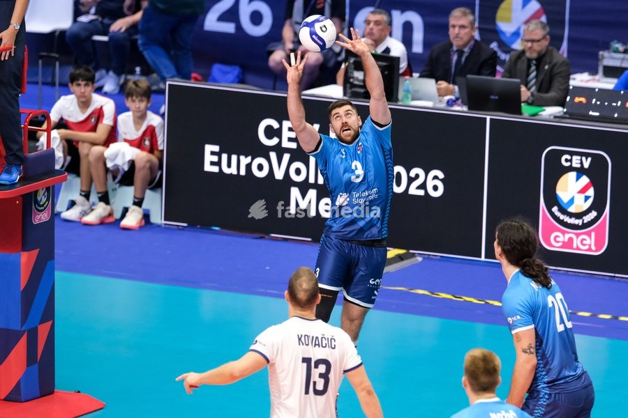 Uroš Planinšič of Slovenia during the Belgium vs Slovenia match at Quarter Final of the CEV Enel EuroVolley 2026 Men at PalaVela in Turin, Italy, on September 23, 2026. Belgium losts the match against Slovenia with a score 1-3