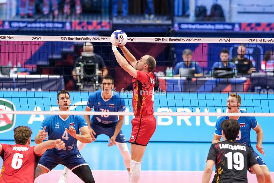 Stijn D'Hulst of Belgium during the Belgium vs Slovenia match at Quarter Final of the CEV Enel EuroVolley 2026 Men at PalaVela in Turin, Italy, on September 23, 2026. Belgium losts the match against Slovenia with a score 1-3