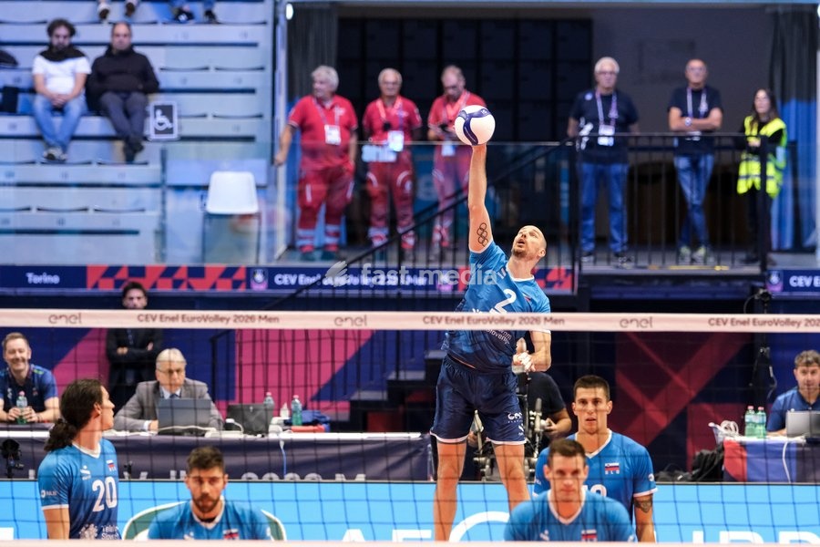 Alen Pajenk of Slovenia during the Belgium vs Slovenia match at Quarter Final of the CEV Enel EuroVolley 2026 Men at PalaVela in Turin, Italy, on September 23, 2026. Belgium losts the match against Slovenia with a score 1-3