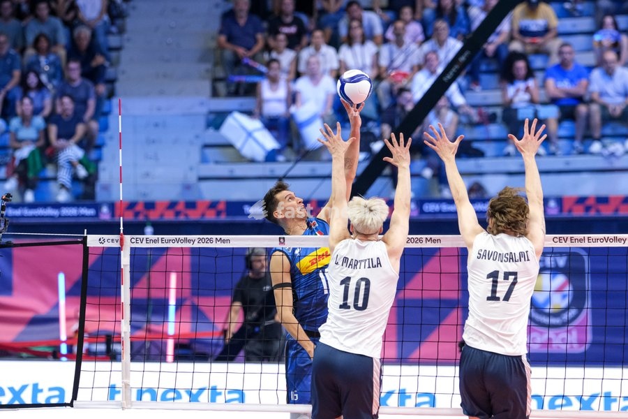 Yuri Romanò of the Italy (L), Luka Marttila of the Finland (C) and Severi Savonsalmi of the Finland (R) during the Italy vs Finland match at Quarter Final of the CEV Enel EuroVolley 2026 Men at PalaVela in Turin, Italy, on September 23, 2026. Italy loses the match against Finland with a score 2-3