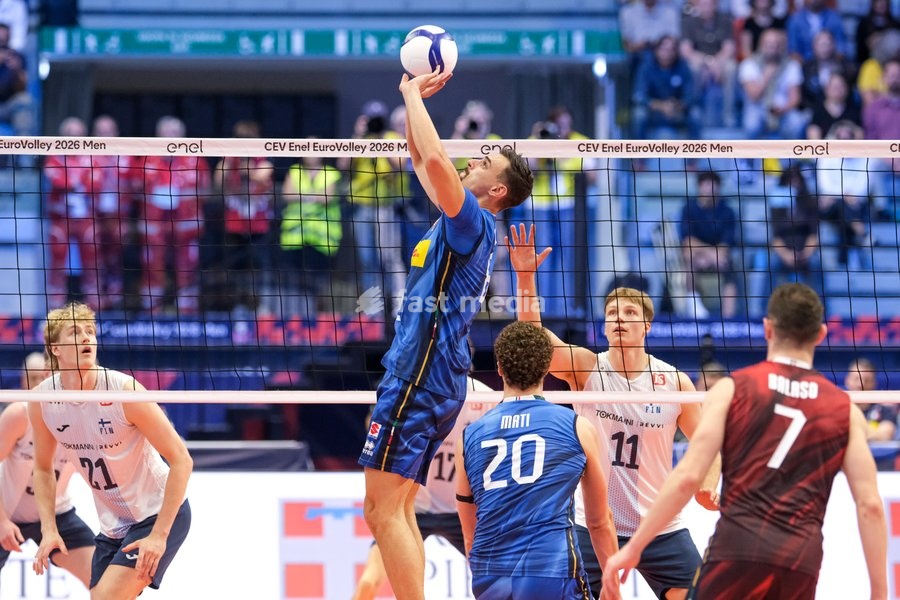 Simone Giannelli of the Italy during the Italy vs Finland match at Quarter Final of the CEV Enel EuroVolley 2026 Men at PalaVela in Turin, Italy, on September 23, 2026. Italy loses the match against Finland with a score 2-3