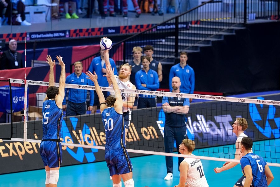 Joonas Jokela of the Finland during the Italy vs Finland match at Quarter Final of the CEV Enel EuroVolley 2026 Men at PalaVela in Turin, Italy, on September 23, 2026. Italy loses the match against Finland with a score 2-3