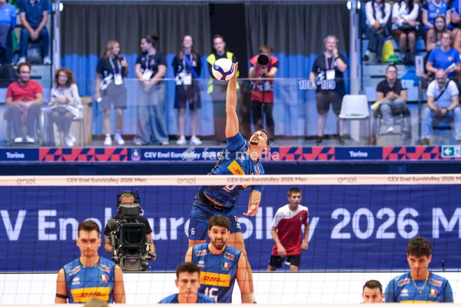 Simone Giannelli of the Italy during the Italy vs Finland match at Quarter Final of the CEV Enel EuroVolley 2026 Men at PalaVela in Turin, Italy, on September 23, 2026. Italy loses the match against Finland with a score 2-3