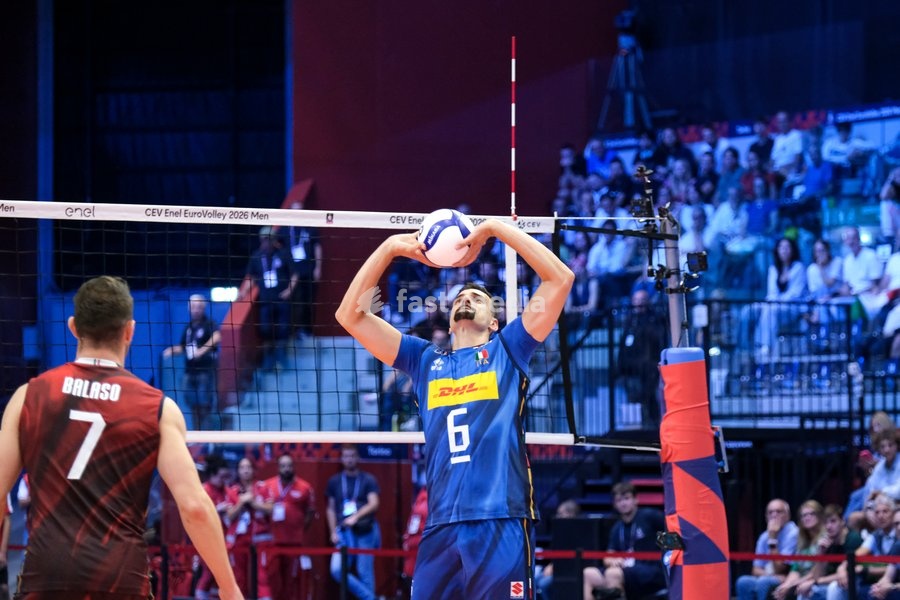 Simone Giannelli of the Italy during the Italy vs Finland match at Quarter Final of the CEV Enel EuroVolley 2026 Men at PalaVela in Turin, Italy, on September 23, 2026. Italy loses the match against Finland with a score 2-3