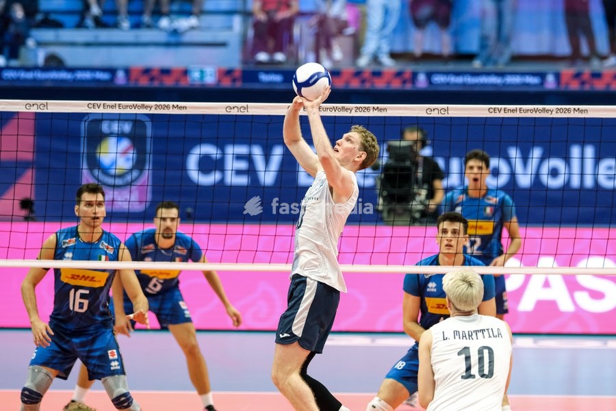 Fedor Ivanov of the Finland during the Italy vs Finland match at Quarter Final of the CEV Enel EuroVolley 2026 Men at PalaVela in Turin, Italy, on September 23, 2026. Italy loses the match against Finland with a score 2-3
