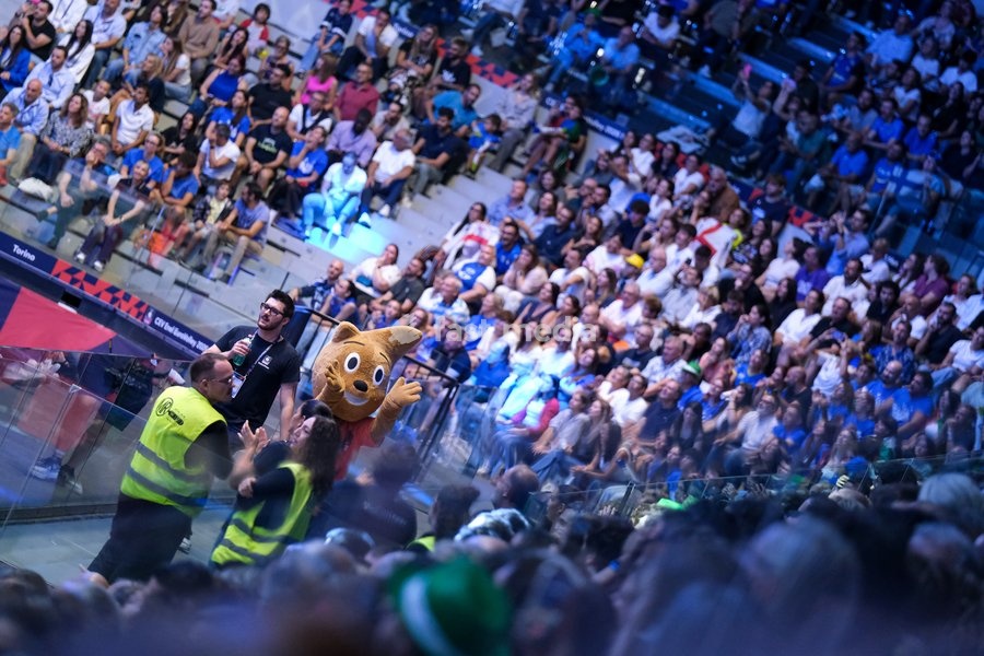 Ace, the mascot of the CEV EuroVolley 2026 during the Italy vs Finland match at Quarter Final of the CEV Enel EuroVolley 2026 Men at PalaVela in Turin, Italy, on September 23, 2026. Italy loses the match against Finland with a score 2-3
