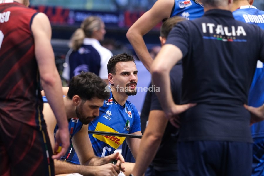 Simone Giannelli of the Italy during the Italy vs Finland match at Quarter Final of the CEV Enel EuroVolley 2026 Men at PalaVela in Turin, Italy, on September 23, 2026. Italy loses the match against Finland with a score 2-3