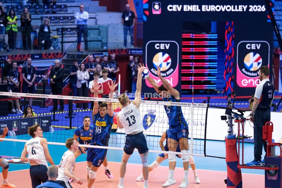 (L to R) Giovanni Sanguinetti of the Italy, Joonas Jokela of the Finland and Alessandro Michieletto of the Italy during the Italy vs Finland match at Quarter Final of the CEV Enel EuroVolley 2026 Men at PalaVela in Turin, Italy, on September 23, 2026. Italy loses the match against Finland with a…