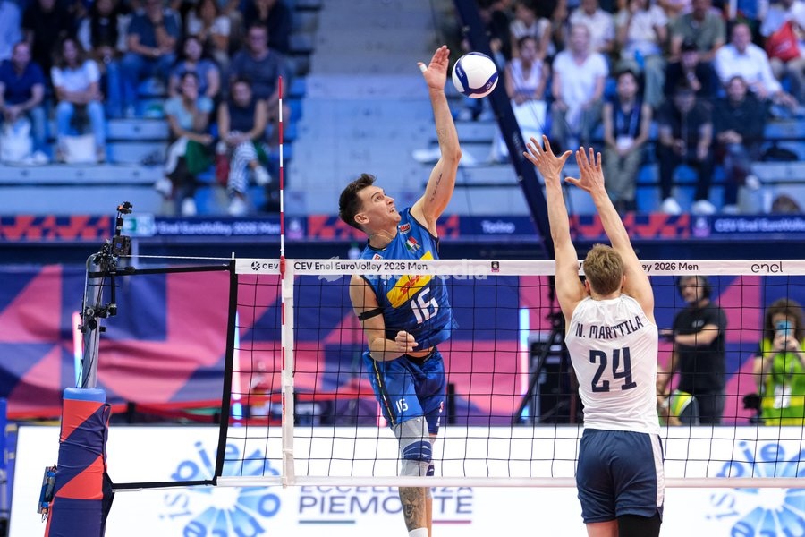 Yuri Romanò of the Italy (L) during the Italy vs Finland match at Quarter Final of the CEV Enel EuroVolley 2026 Men at PalaVela in Turin, Italy, on September 23, 2026. Italy loses the match against Finland with a score 2-3