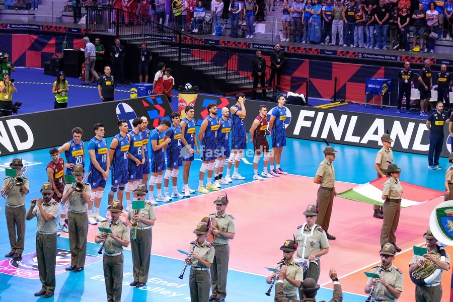 Italy players during the Italy vs Finland match at Quarter Final of the CEV Enel EuroVolley 2026 Men at PalaVela in Turin, Italy, on September 23, 2026. Italy loses the match against Finland with a score 2-3