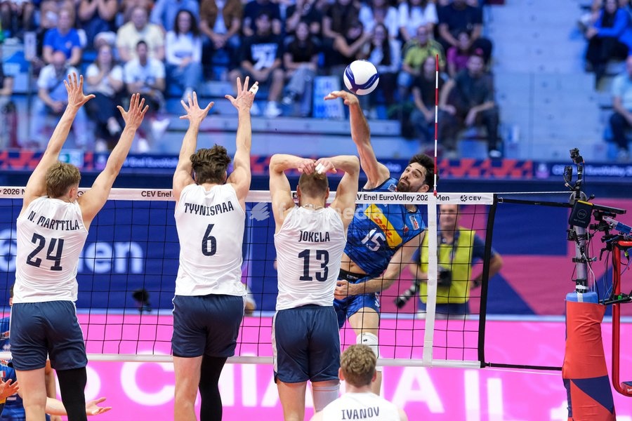 Daniele Lavia of the Italy (R) during the Italy vs Finland match at Quarter Final of the CEV Enel EuroVolley 2026 Men at PalaVela in Turin, Italy, on September 23, 2026. Italy loses the match against Finland with a score 2-3