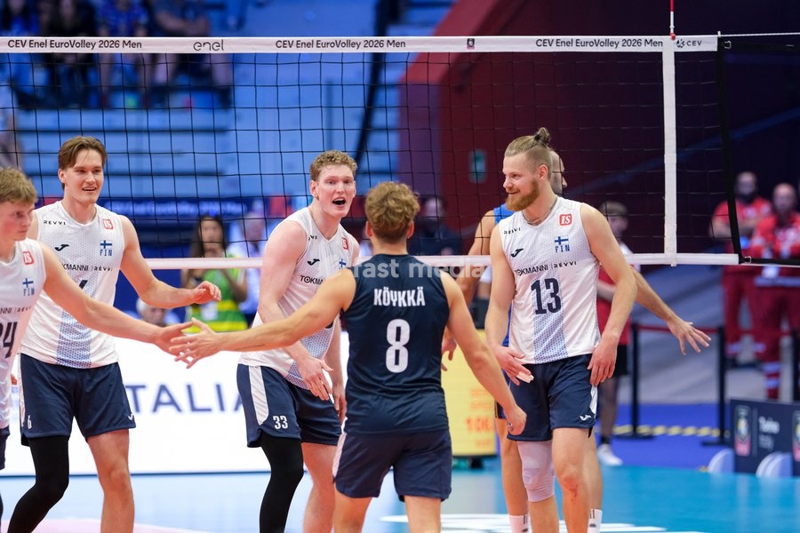 Finland players celebrate during the Italy vs Finland match at Quarter Final of the CEV Enel EuroVolley 2026 Men at PalaVela in Turin, Italy, on September 23, 2026. Italy loses the match against Finland with a score 2-3