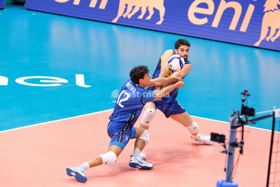 Mattia Bottolo of the Italy (L) and Daniele Lavia of the Italy (R) during the Italy vs Finland match at Quarter Final of the CEV Enel EuroVolley 2026 Men at PalaVela in Turin, Italy, on September 23, 2026. Italy loses the match against Finland with a score 2-3