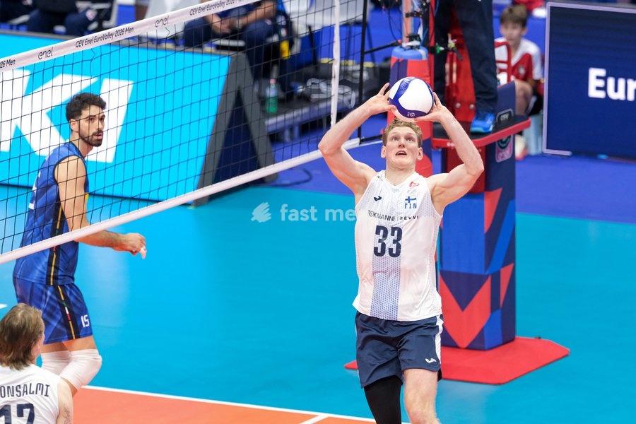 Fedor Ivanov of the Finland during the Italy vs Finland match at Quarter Final of the CEV Enel EuroVolley 2026 Men at PalaVela in Turin, Italy, on September 23, 2026. Italy loses the match against Finland with a score 2-3