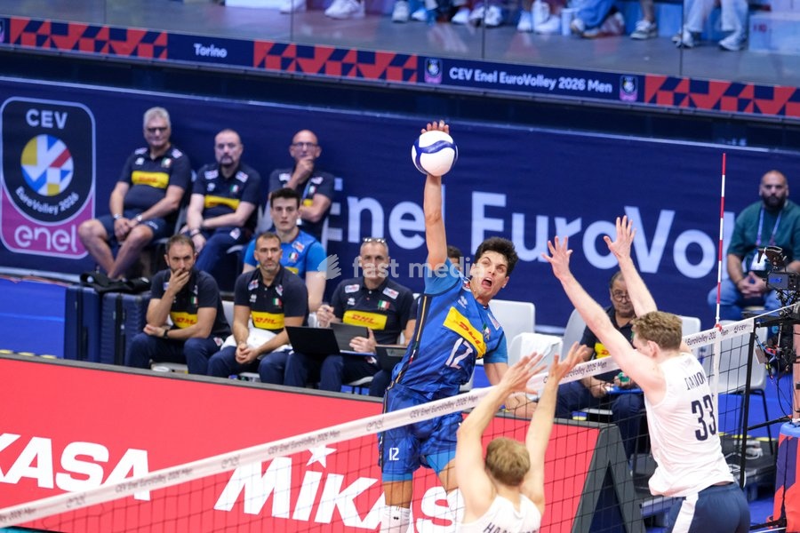 Mattia Bottolo of the Italy during the Italy vs Finland match at Quarter Final of the CEV Enel EuroVolley 2026 Men at PalaVela in Turin, Italy, on September 23, 2026. Italy loses the match against Finland with a score 2-3