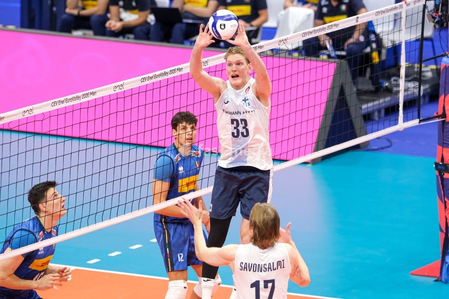 Fedor Ivanov of the Finland during the Italy vs Finland match at Quarter Final of the CEV Enel EuroVolley 2026 Men at PalaVela in Turin, Italy, on September 23, 2026. Italy loses the match against Finland with a score 2-3