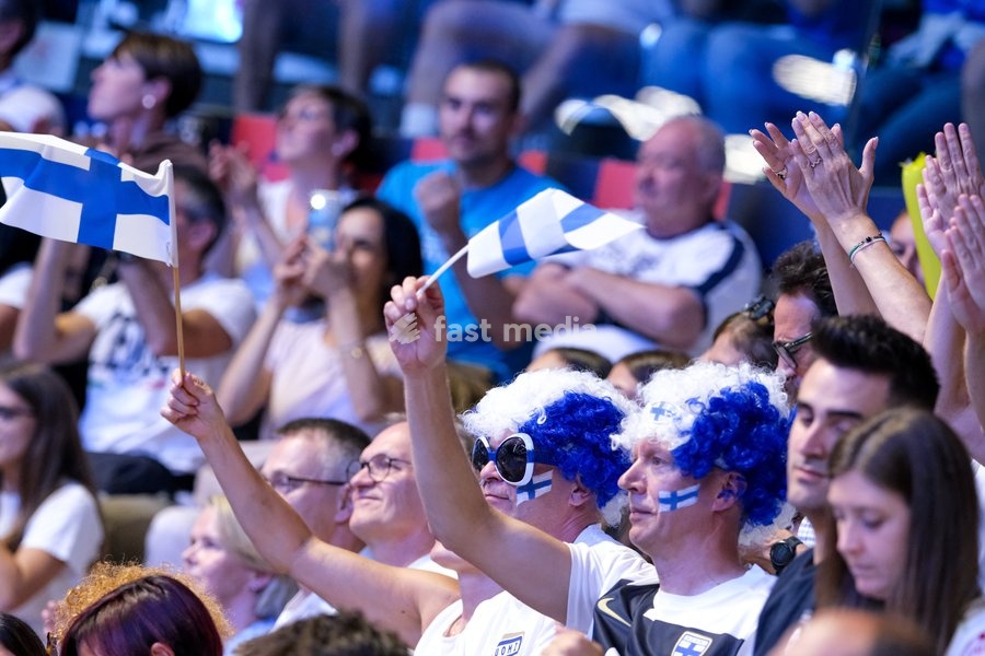 Finland fans during the Italy vs Finland match at Quarter Final of the CEV Enel EuroVolley 2026 Men at PalaVela in Turin, Italy, on September 23, 2026. Italy loses the match against Finland with a score 2-3