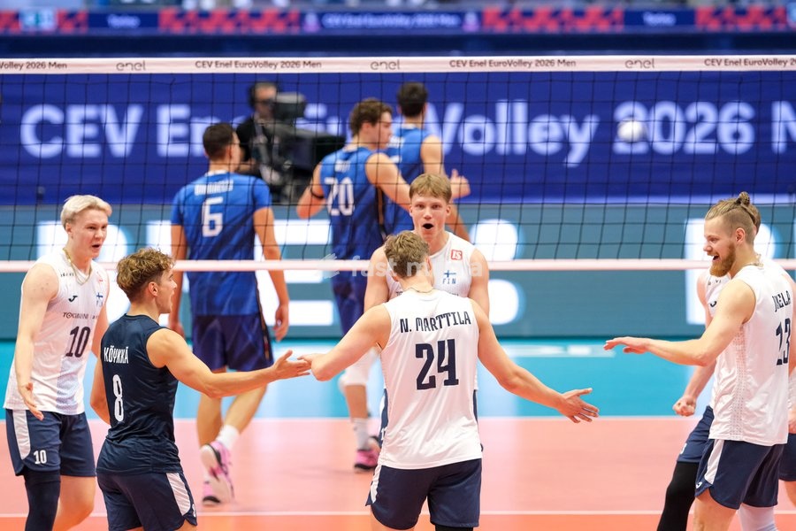 Finland players celebrate during the Italy vs Finland match at Quarter Final of the CEV Enel EuroVolley 2026 Men at PalaVela in Turin, Italy, on September 23, 2026. Italy loses the match against Finland with a score 2-3