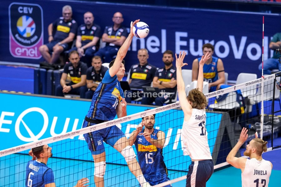 Giovanni Sanguinetti of the Italy during the Italy vs Finland match at Quarter Final of the CEV Enel EuroVolley 2026 Men at PalaVela in Turin, Italy, on September 23, 2026. Italy loses the match against Finland with a score 2-3
