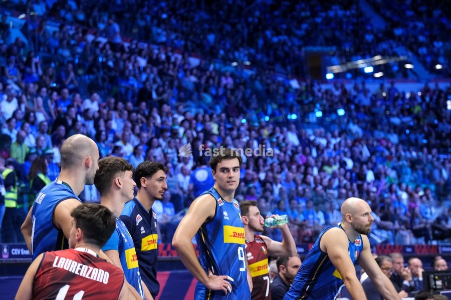 Francesco Romano Sani of the Italy (C) during the Italy vs Finland match at Quarter Final of the CEV Enel EuroVolley 2026 Men at PalaVela in Turin, Italy, on September 23, 2026. Italy loses the match against Finland with a score 2-3