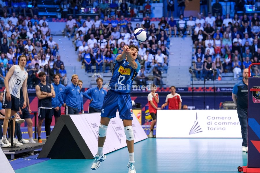 Mattia Bottolo of the Italy during the Italy vs Finland match at Quarter Final of the CEV Enel EuroVolley 2026 Men at PalaVela in Turin, Italy, on September 23, 2026. Italy loses the match against Finland with a score 2-3