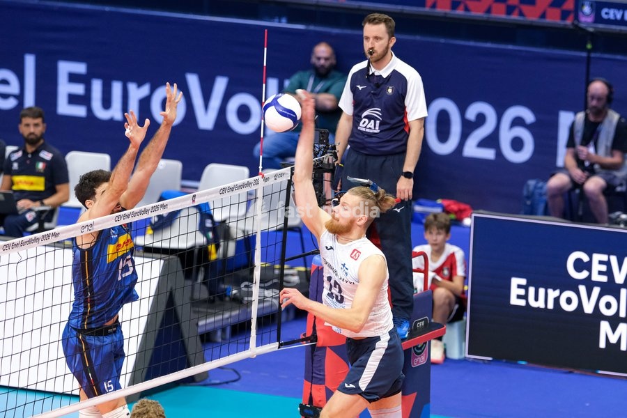 Joonas Jokela of the Finland (R) during the Italy vs Finland match at Quarter Final of the CEV Enel EuroVolley 2026 Men at PalaVela in Turin, Italy, on September 23, 2026. Italy loses the match against Finland with a score 2-3