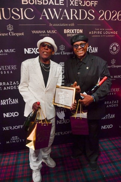 Dave Smith and Chris Amoo of The Real Thing accept the British Soul Band of The Century award at The Boisdale Xerjoff Music Awards at Boisdale of Canary Wharf on September 23, 2026 in London, England