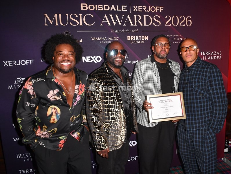 Damage, Rahsaan J Bromfield, Andrez Harriott, Noel Simpson and Jade Jones attend The Boisdale Xerjoff Music Awards at Boisdale of Canary Wharf on September 23, 2026 in London, England