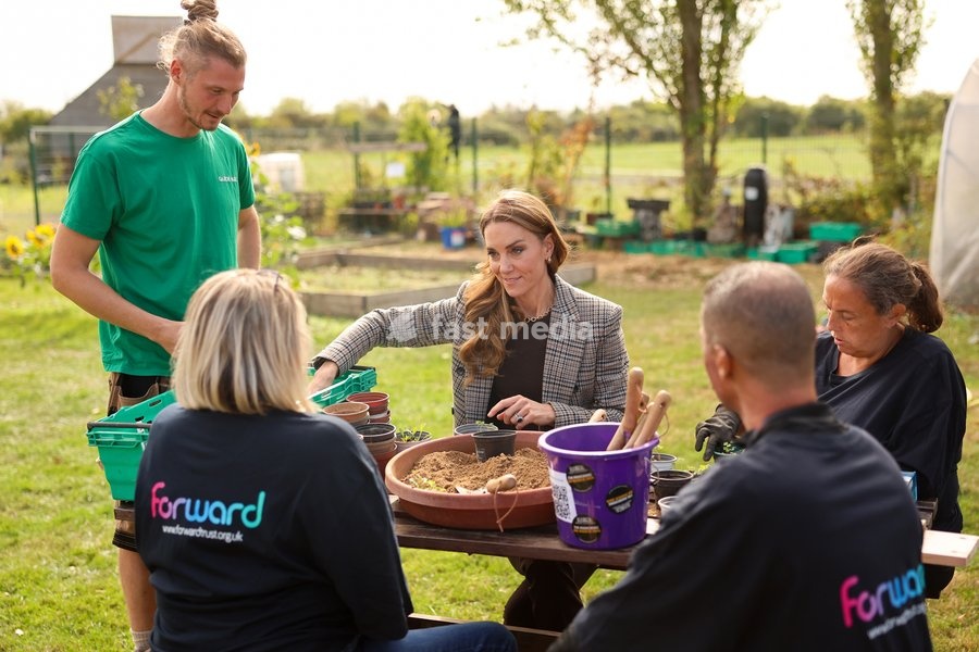 Catherine, Princess of Wales takes part in a gardening session during a visit to The Forward Trust to mark Addiction Awareness Week on September 24, 2026 in Southend, England. The Forward Trust supports people as they recover from addiction with the aim of helping them rebuild their lives. The…