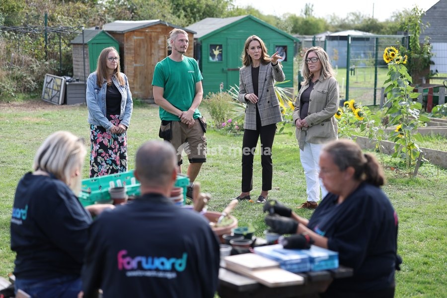 Catherine, Princess of Wales takes part in a gardening session during a visit to The Forward Trust to mark Addiction Awareness Week on September 24, 2026 in Southend, England. The Forward Trust supports people as they recover from addiction with the aim of helping them rebuild their lives. The…
