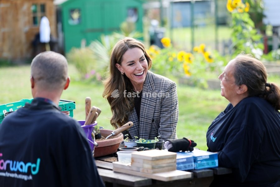 Catherine, Princess of Wales laughs druing a table discussion on a visit to The Forward Trust to mark Addiction Awareness Week on September 24, 2026 in Southend, England. The Forward Trust supports people as they recover from addiction with the aim of helping them rebuild their lives. The Princess…