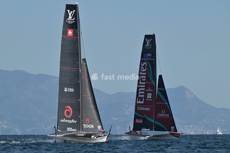 Tudor Team Alinghi Team, Emirates Team New Zealand Team during the Americas Cup Preliminary Regatta Sailing Day 1 at the Race Village on 24th September 2026 in Naples, Italy
